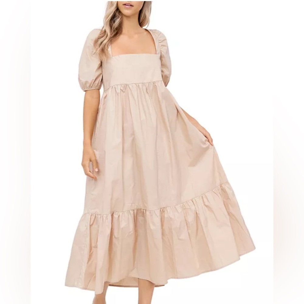 En Saison Beige/Tan Square Neck Puff Sleeve Midi Dress Size Medium